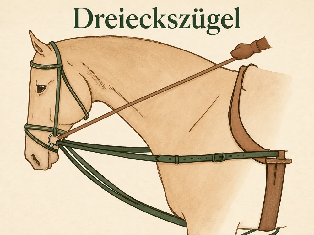Dreieckszügel (Wiener Zügel) beim Pferd – Verlauf von der Gurtmitte durch die Gebissringe zur Seite
