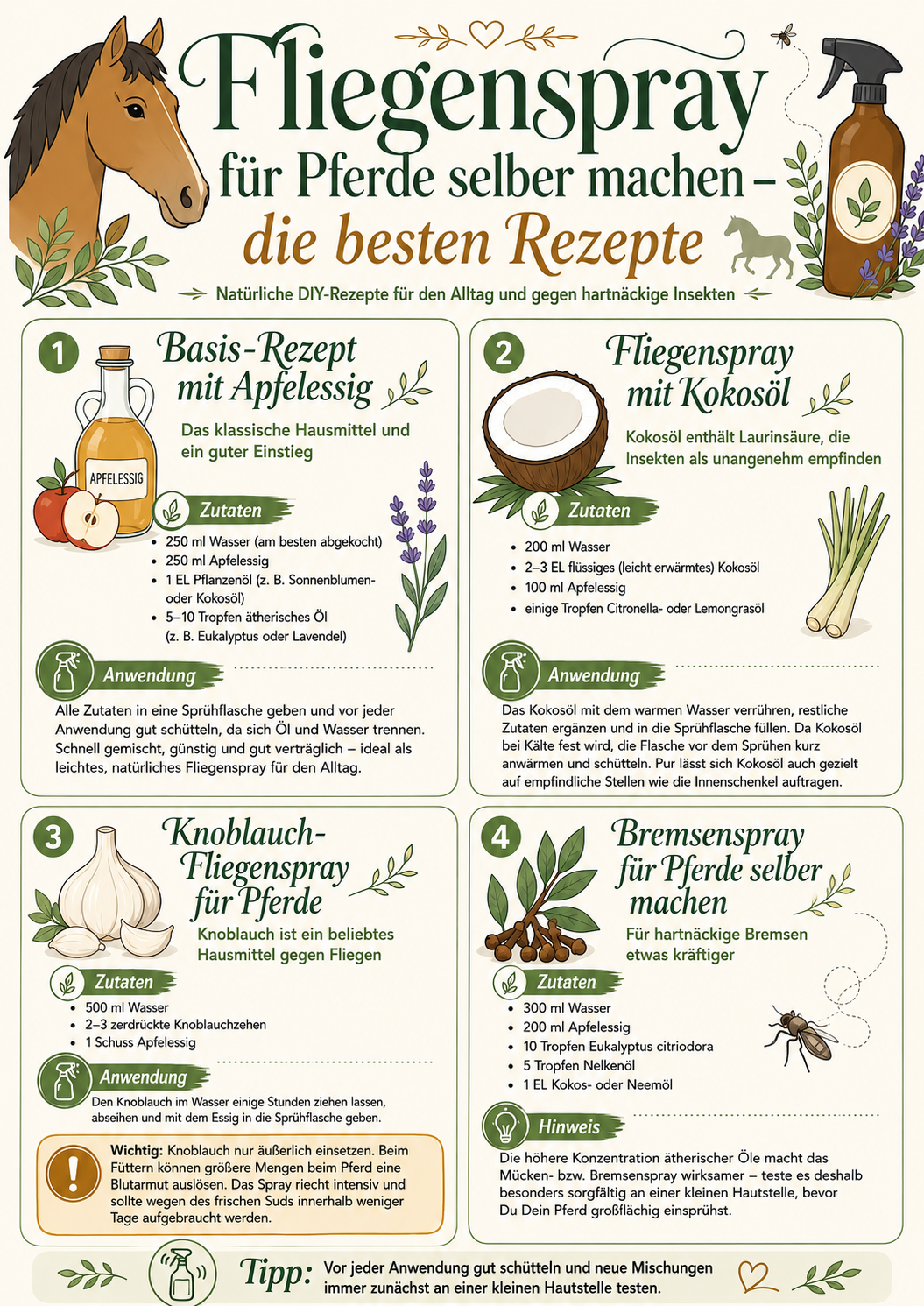 Infografik „Fliegenspray für Pferde selber machen" mit vier Rezepten: Basis-Rezept mit Apfelessig, Fliegenspray mit Kokosöl, Knoblauch-Fliegenspray und Bremsenspray – jeweils mit Zutaten und Anwendung