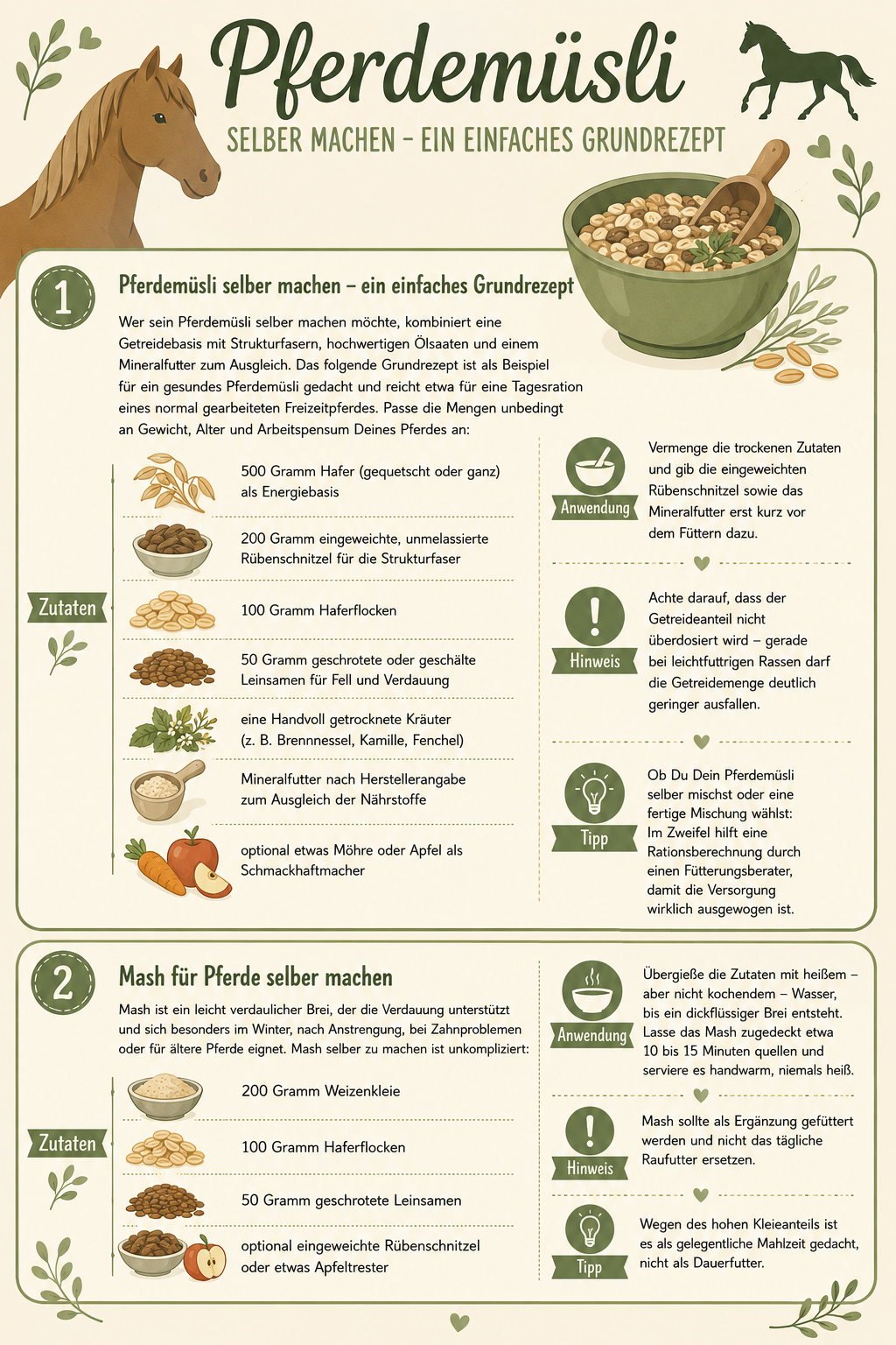 Infografik „Pferdemüsli selber machen" mit zwei Rezepten: einfaches Pferdemüsli-Grundrezept und Mash für Pferde – jeweils mit Zutaten, Anwendung und Tipps