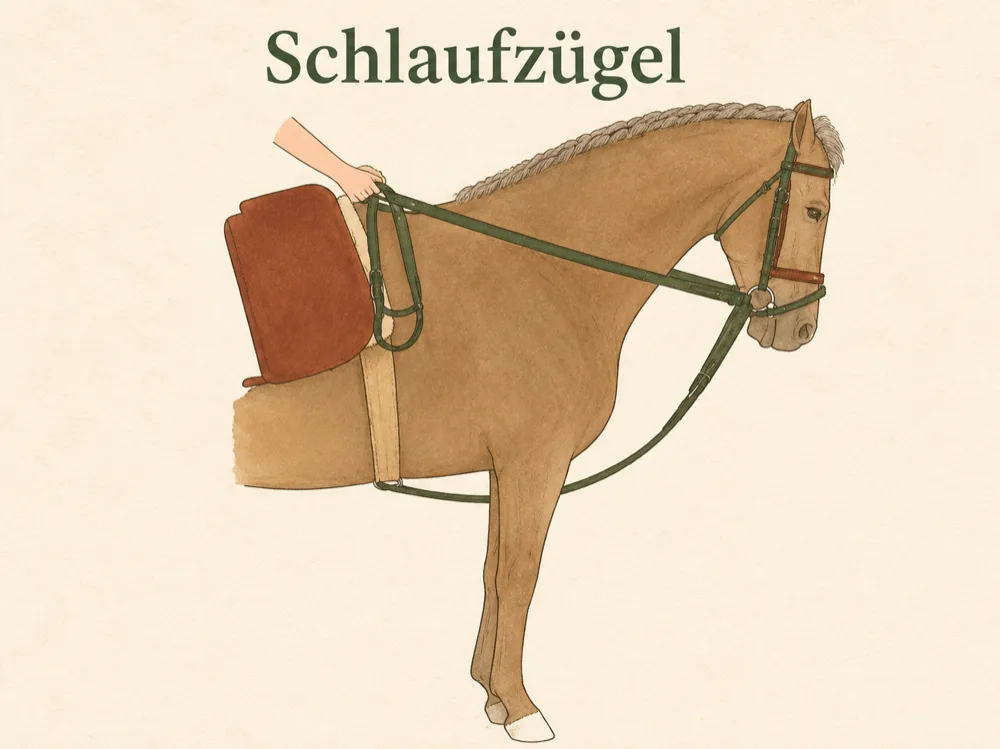 Schlaufzügel beim Pferd – Verlauf vom Gurt durch die Trensenringe in die Reiterhand